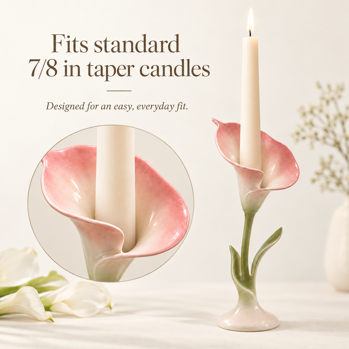 Calla lily ceramic candle holder shown with a standard 7/8 inch taper candle.