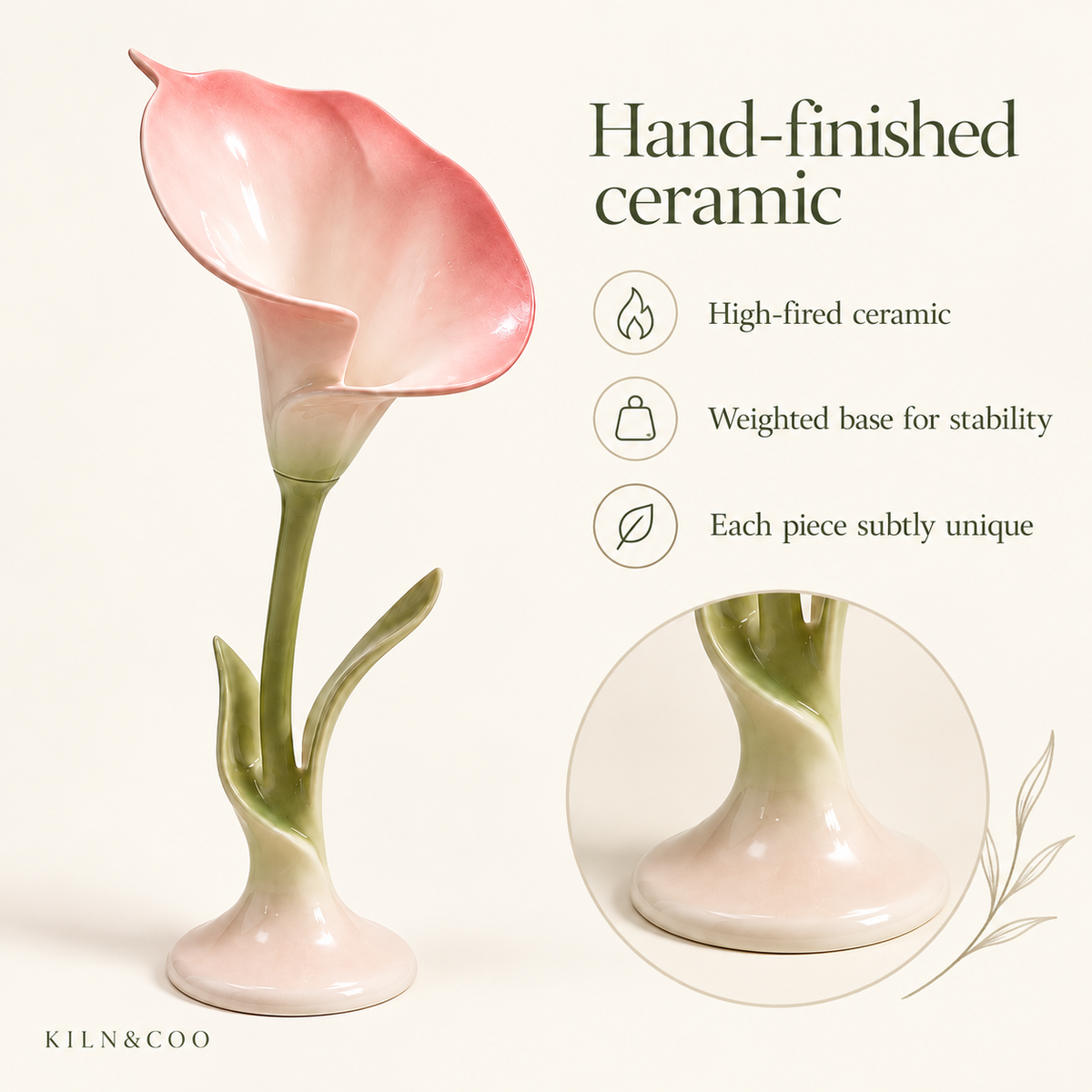 Hand-finished ceramic calla lily candle holder with glossy glaze and a weighted base.